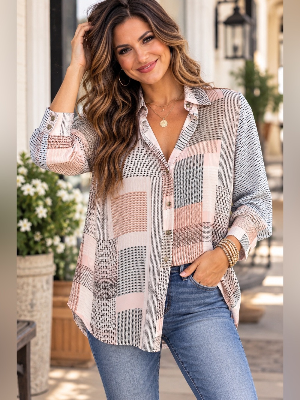 Rose + Olive Mixed Print Button Down Blouse Pink Black M NWOT A36